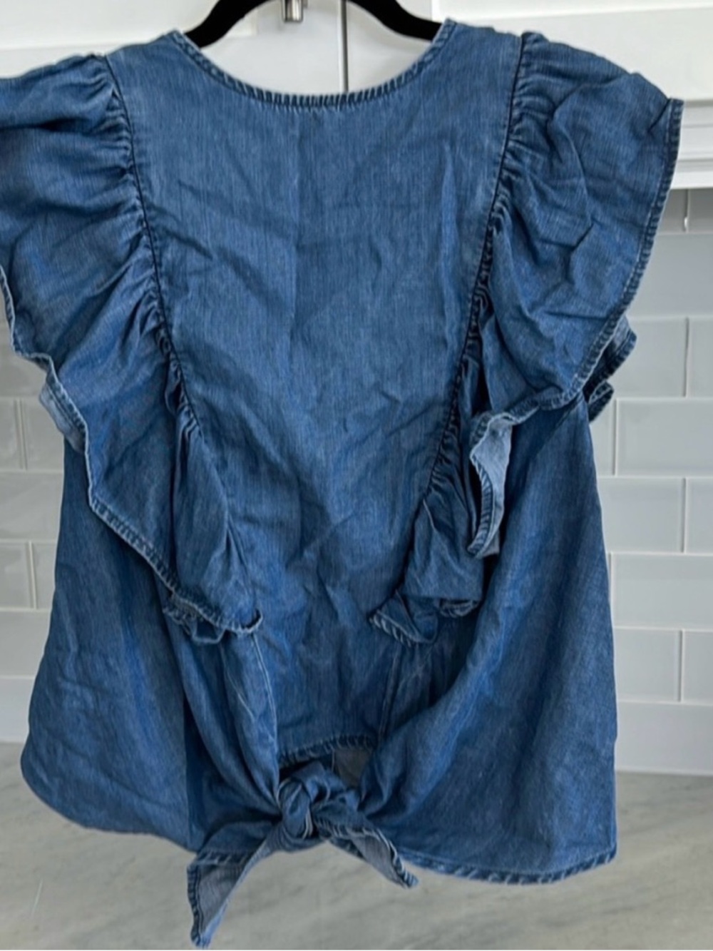 Frame Denim Blue Ruffle Tie-Front Denim Top